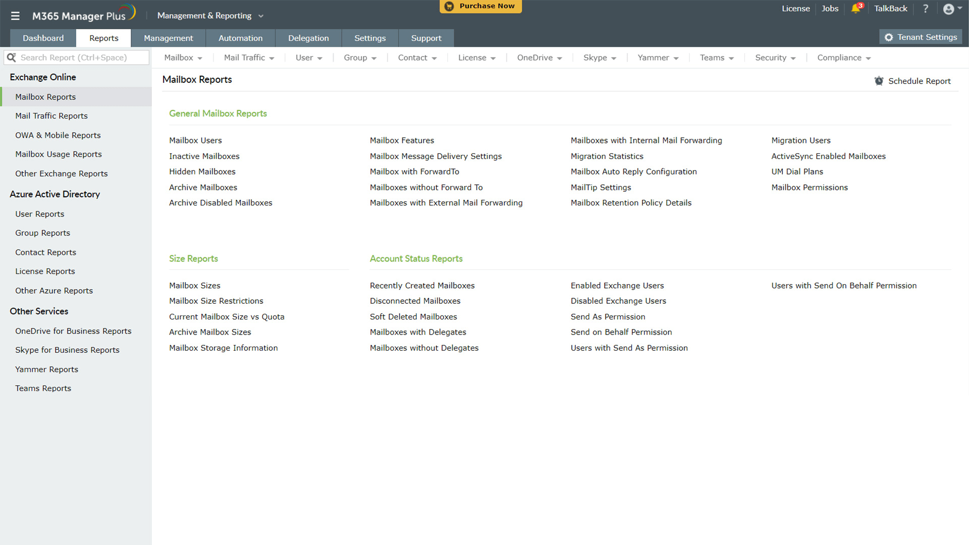Screenshot M365 Manager Plus: Mailbox Reports