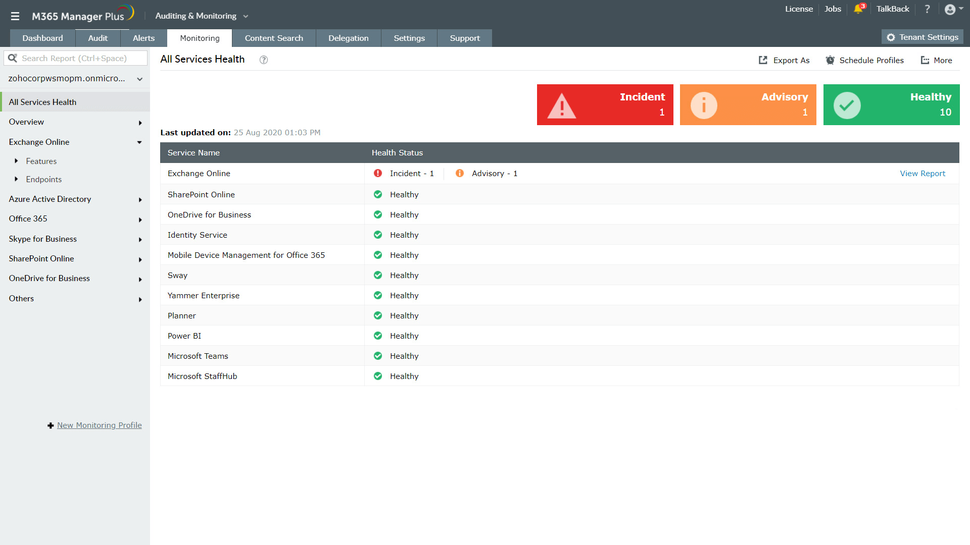 Screenshot M365 Manager Plus: Service Health Dashboard
