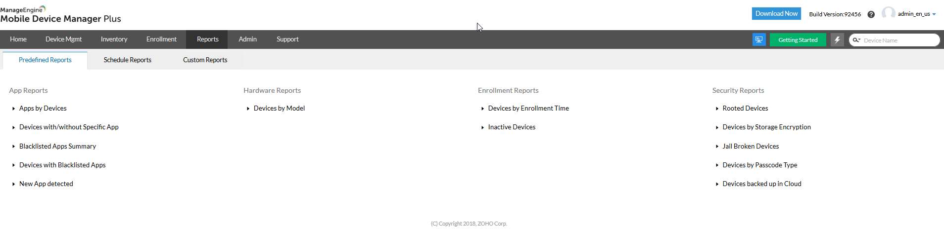 Screenshot Mobile Device Manager Plus: Audits und Reports