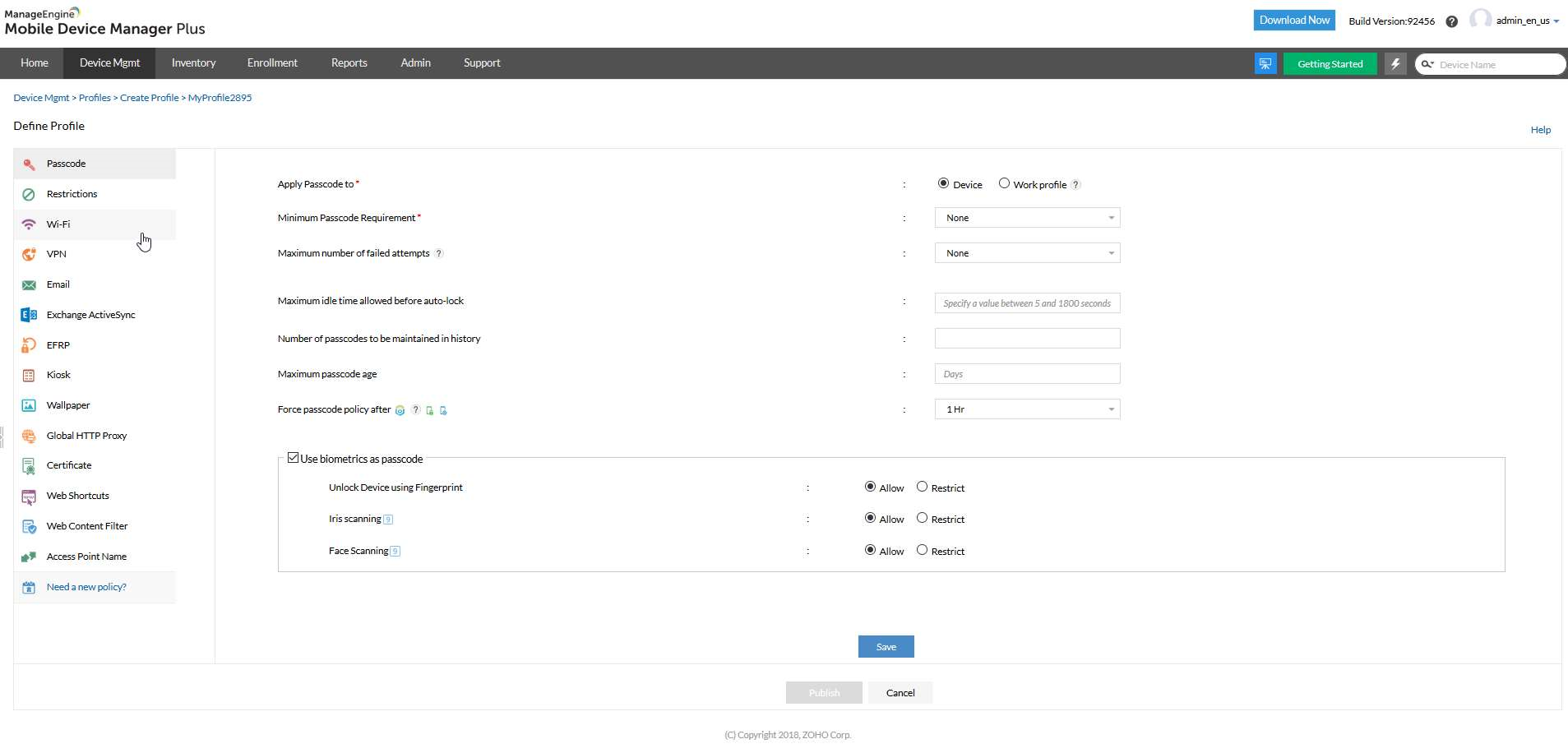 Screenshot Mobile Device Manager Plus: Profilmanagement