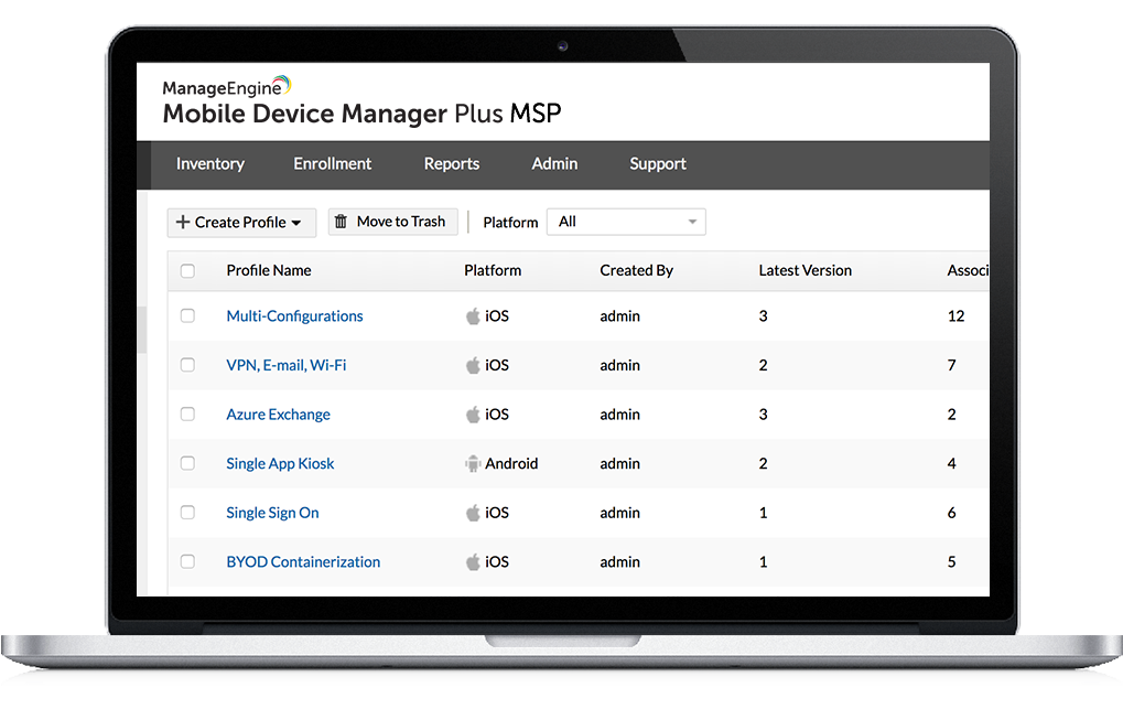 Screenshot Mobile Device Manager Plus MSP: Geräte konfigurieren