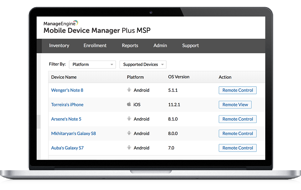 Screenshot Mobile Device Manager Plus MSP: Geräte pflegen