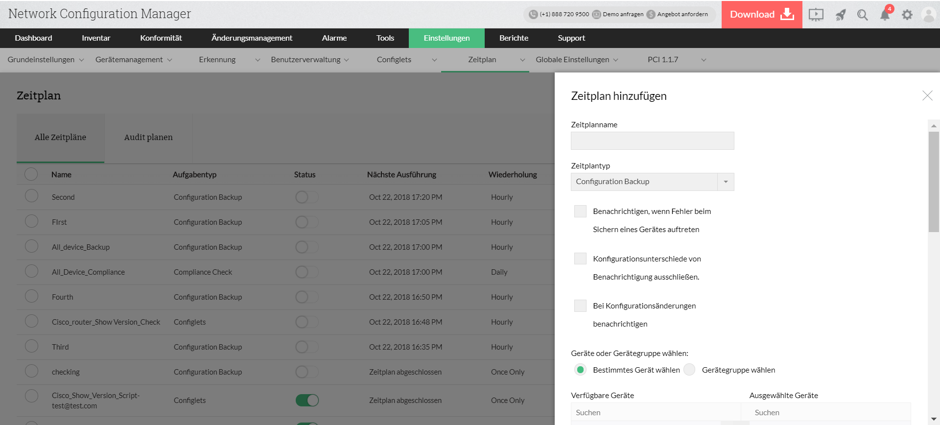 Screenshot Network Configuration Manager: Berichte planen / zu einem bestimmten Termin ausführen