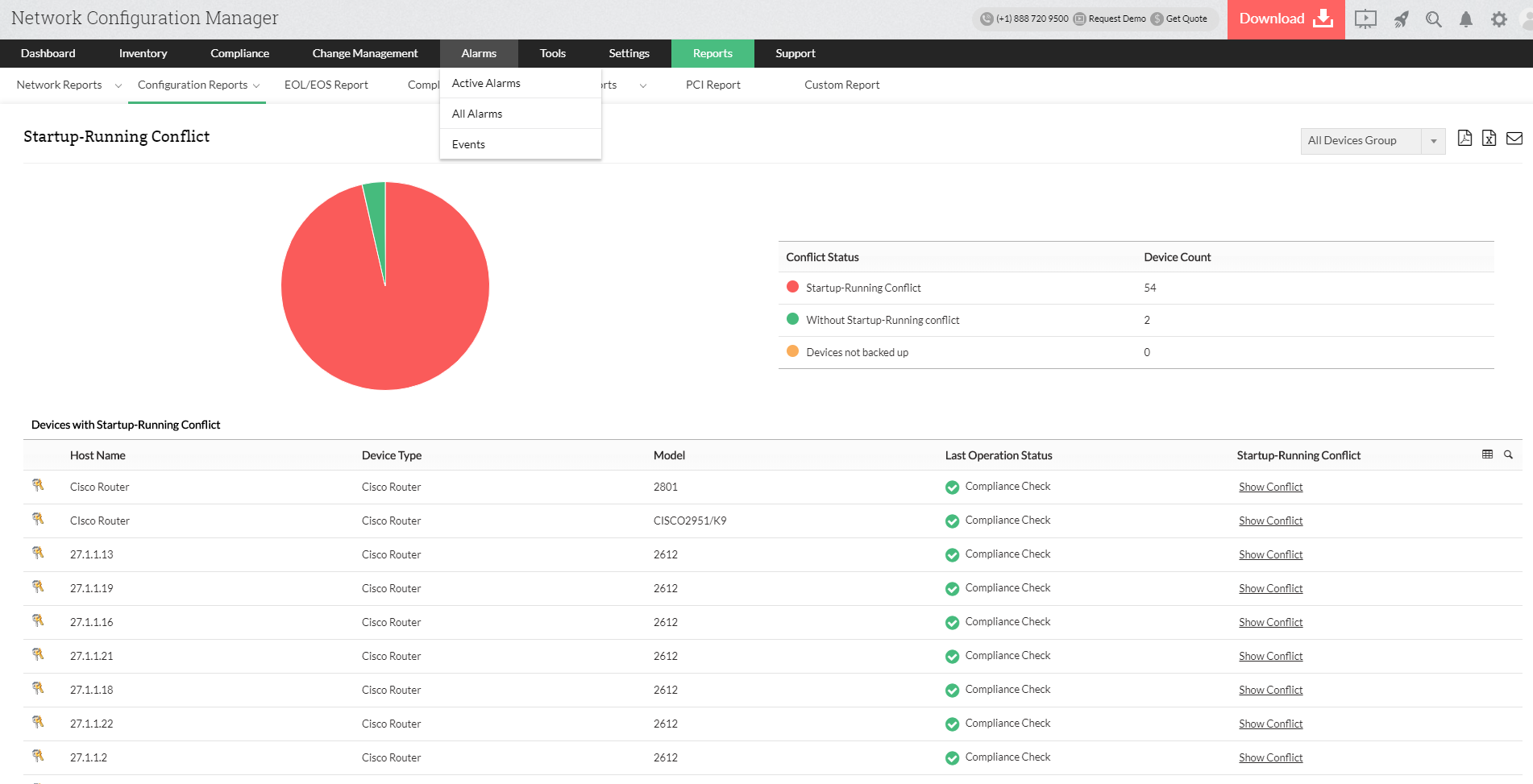 Screenshot Network Configuration Manager: "Startup Running Conflicts" Report