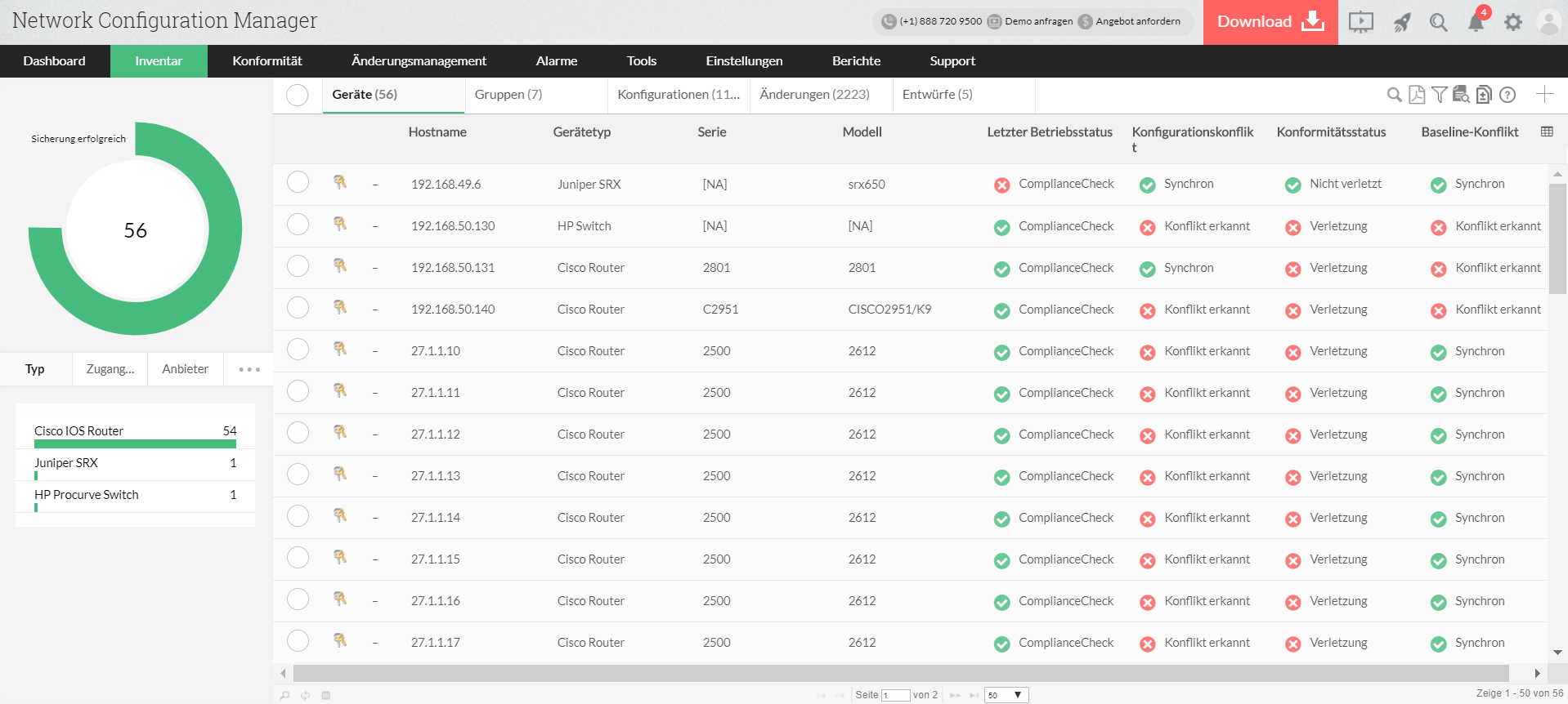Screenshot Network Configuration Manager: Übersicht über alle Netzwerkgeräte