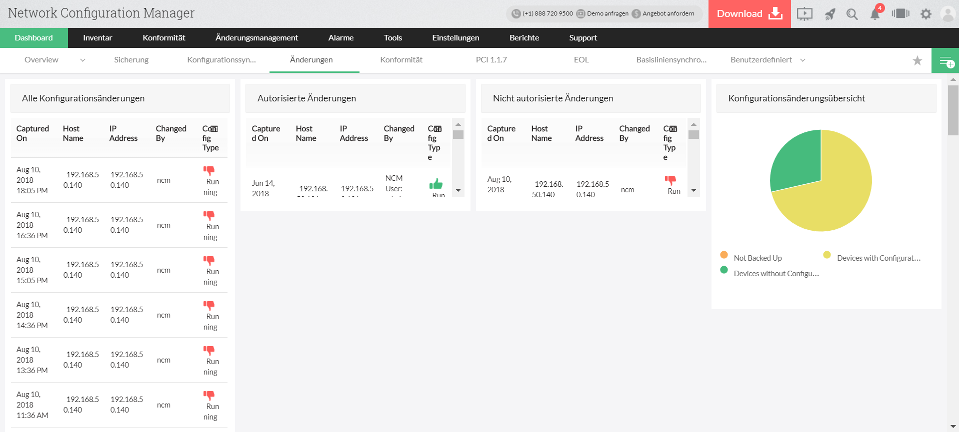 Screenshot Network Configuration Manager: Übersicht über alle Configuration-Changes