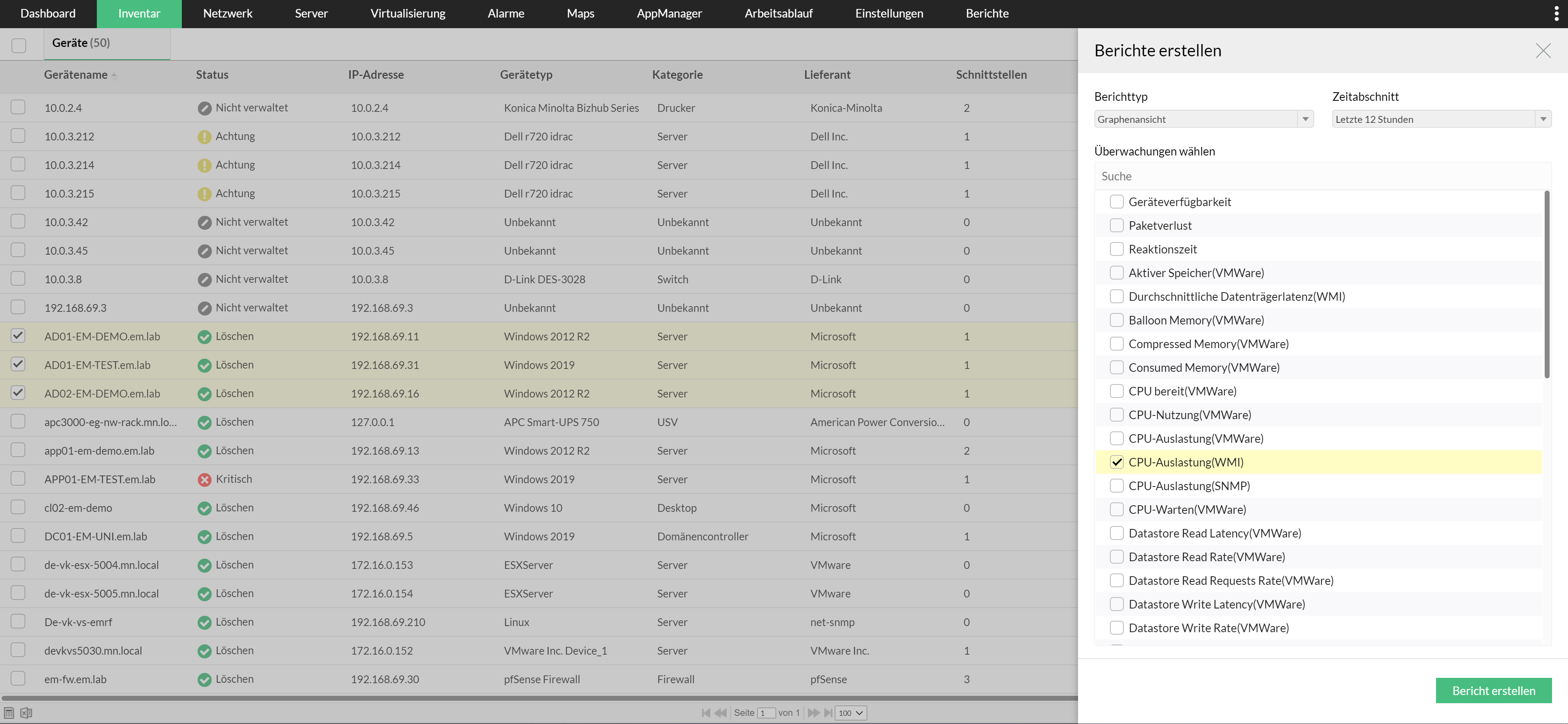 Screenshot OpManager: Neuen Bericht erstellen