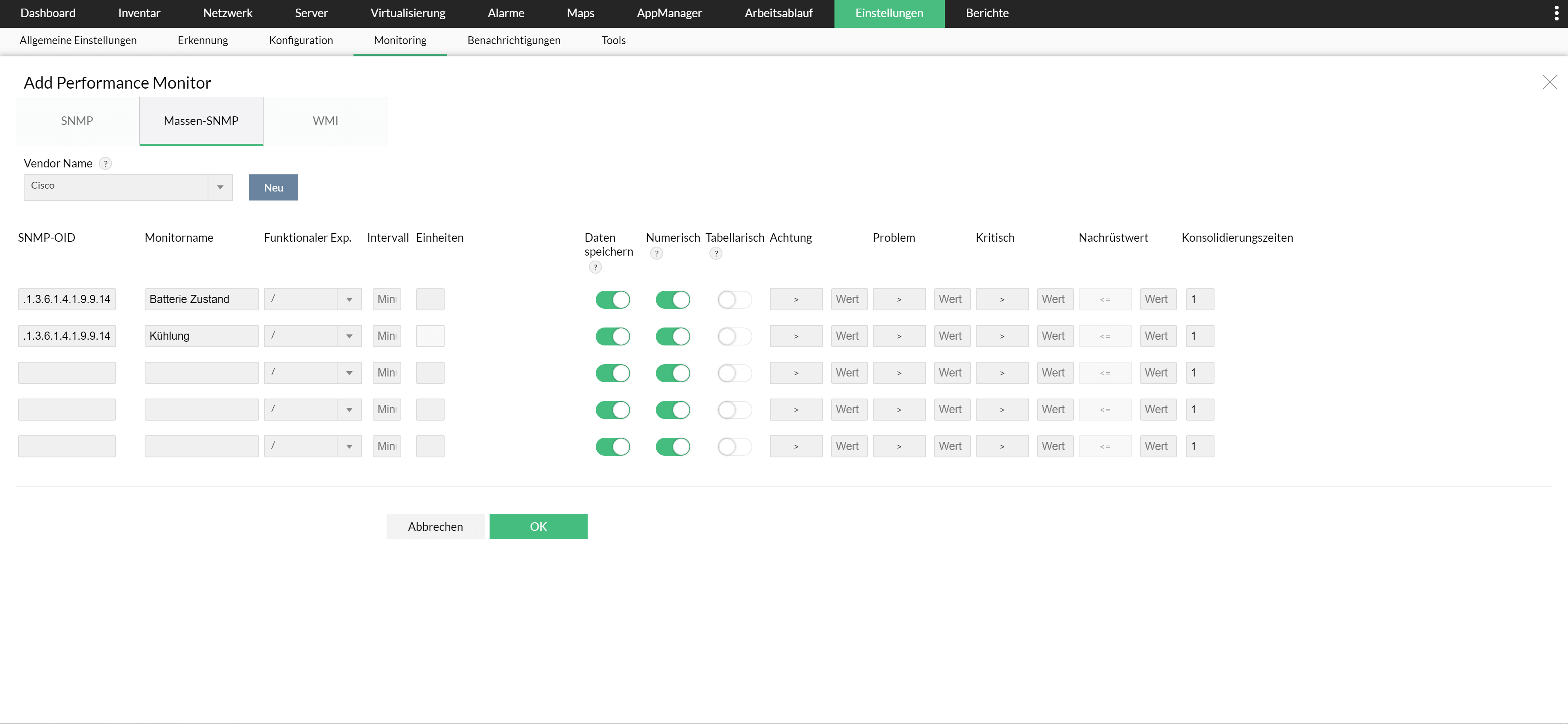Screenshot OpManager: SNMP-Monitore anlegen