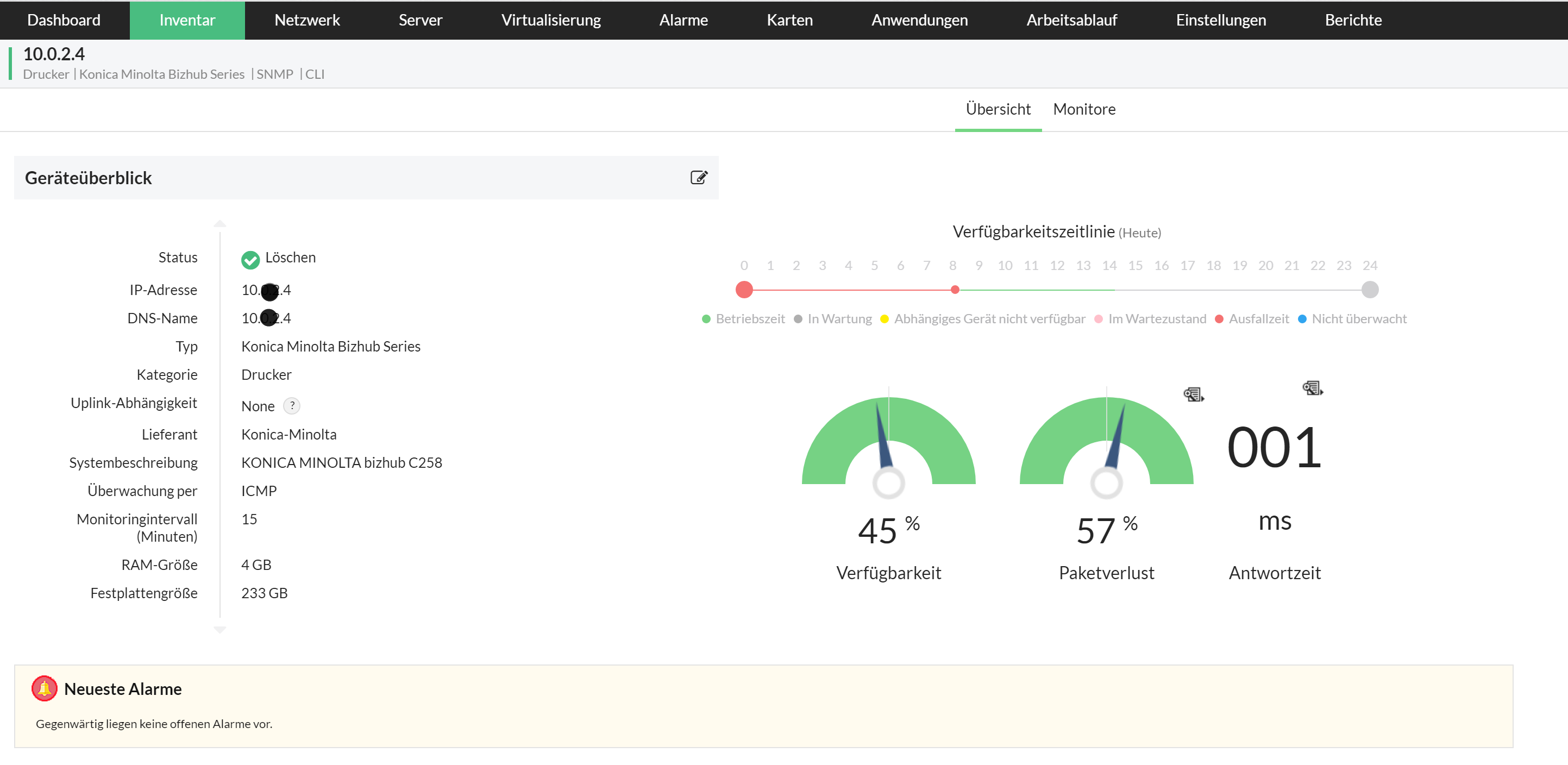 Screenshot OpManager: Drucker-Verfügbarkeit überwachen
