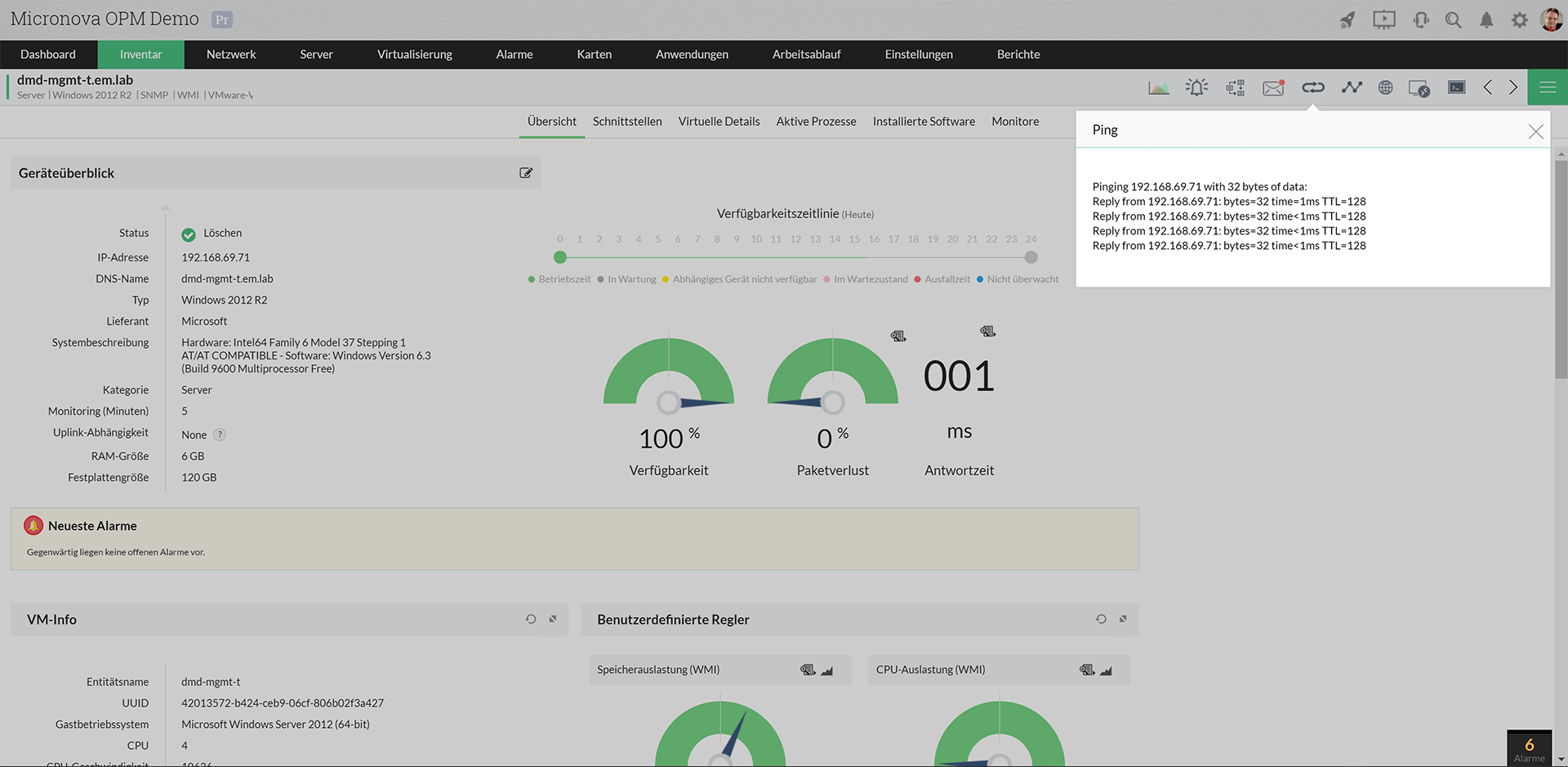 Screenshot OpManager: Ping-Ergebnisse für Windows-Server