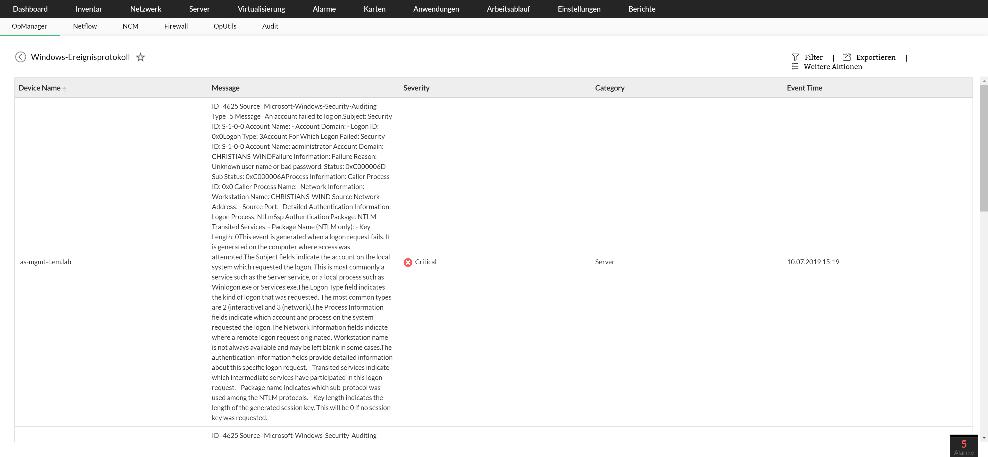 Screenshot OpManager: Event-Log-Report