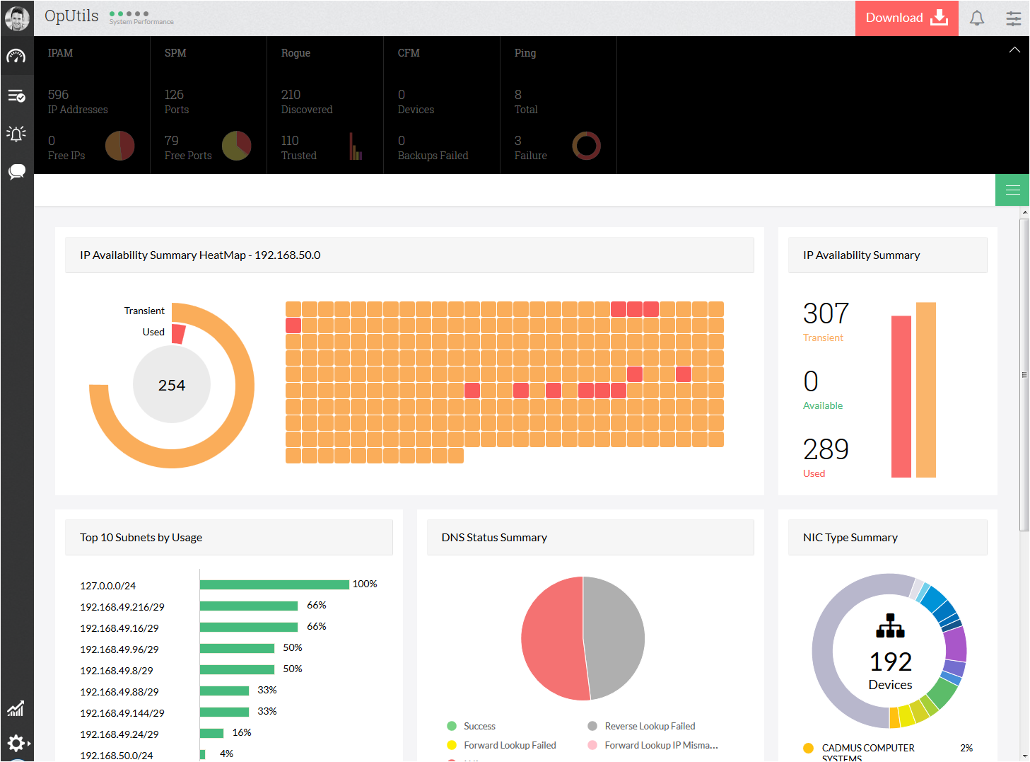 Screenshot OpUtils: Switch-Port- und IP-Adress-Management