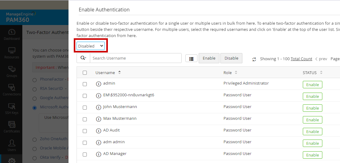 Screenshot PAM360: Zwei-Faktor-Authentifizierung für Anwender aktivieren