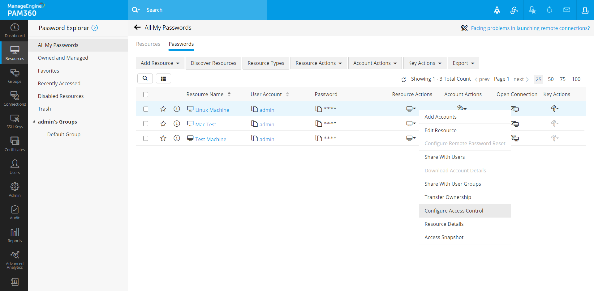 Screenshot PAM360: Passwortzugriff konfigurieren