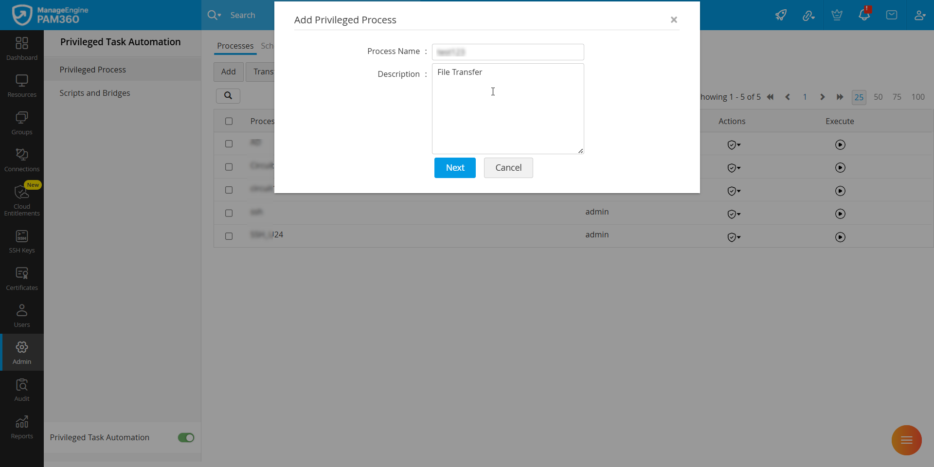Screenshot PAM360: Privilegierten Prozess anlegen