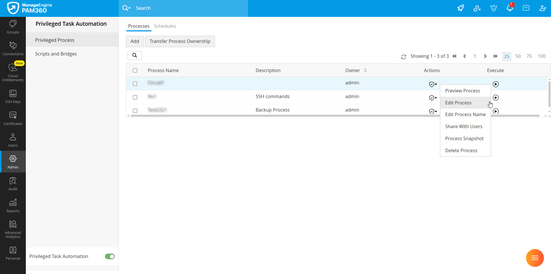 Screenshot PAM360: Optionen zur Verwaltung privilegierter Prozesse