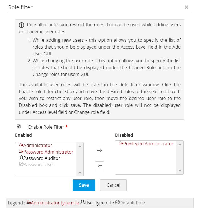 Screenshot PAM360: Role Filter