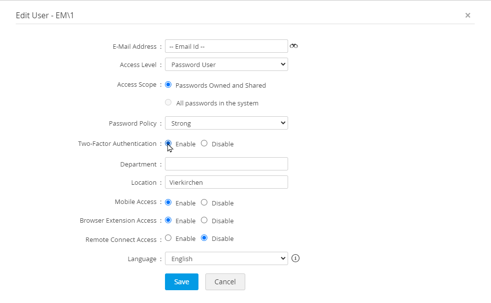 Screenshot PAM360: User-Einstellungen bearbeiten