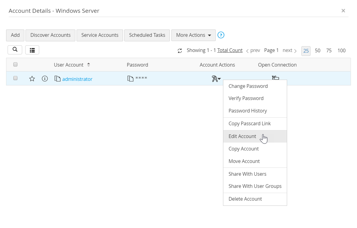 Screenshot PAM360: Zuordnung von Dienstkonten