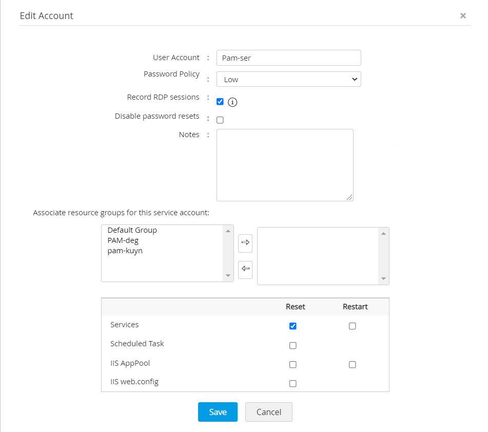 Screenshot PAM360: Neustart von Diensten bei Passwort-Reset