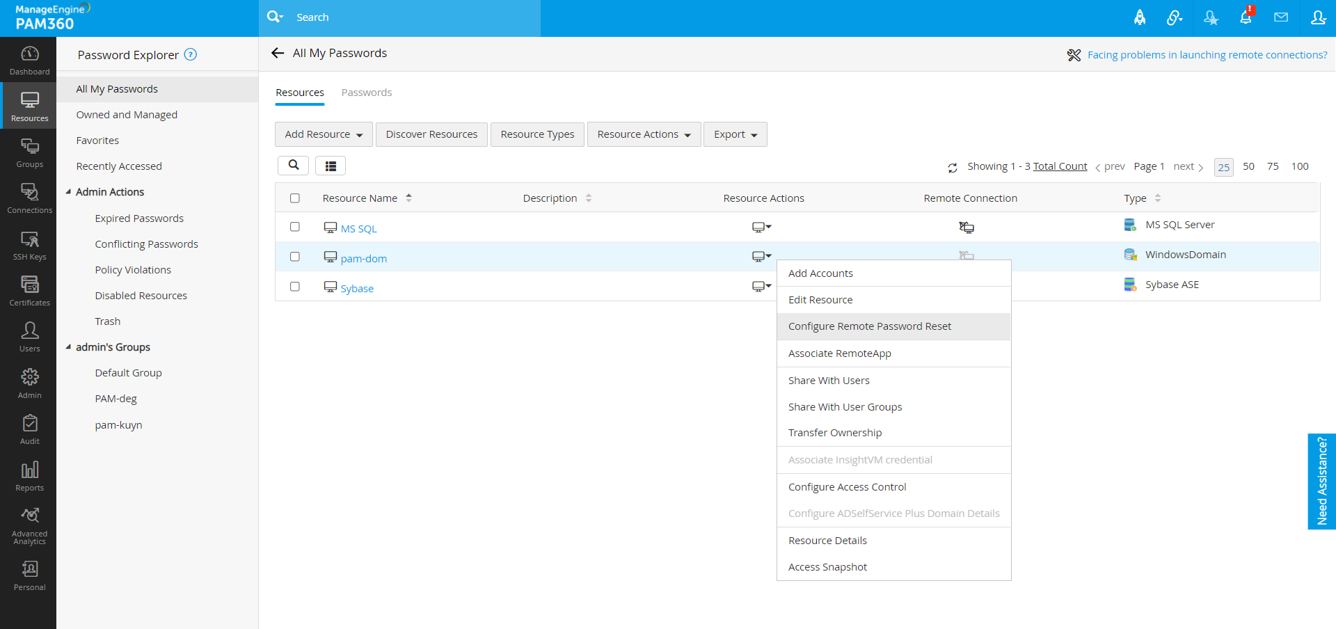 Screenshot PAM360: Passwort-Reset für Service Accounts festlegen