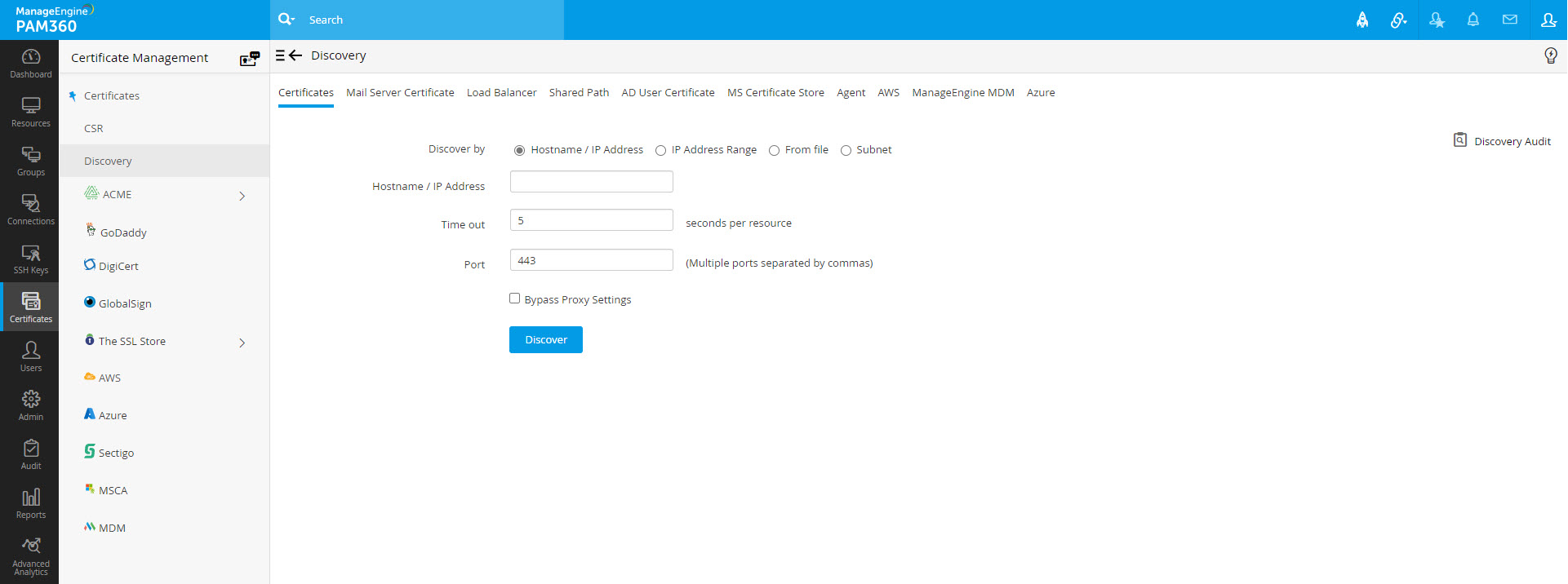 Screenshot PAM360: Manueller Zertifikate-Scan