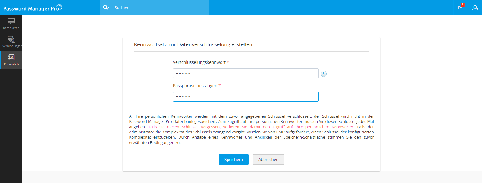 Screenshot Password Manager Pro: Passphrase für persönliche Passwörter festlegen