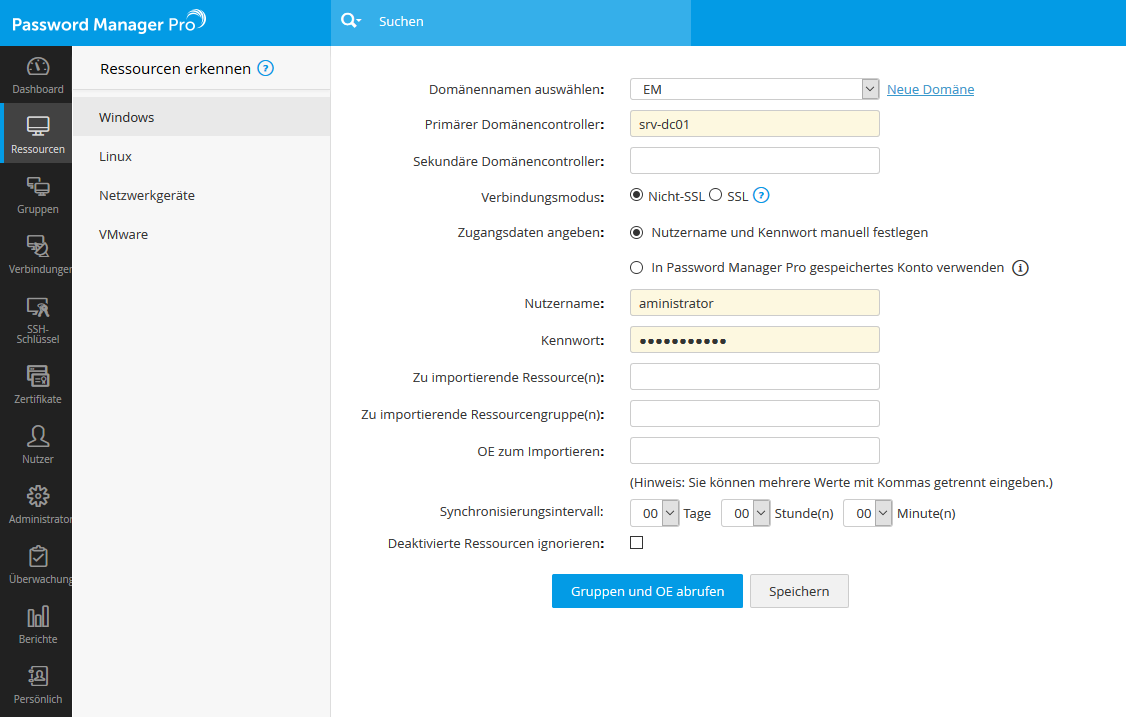 Screenshot Password Manager Pro: Ressourcen erkennen