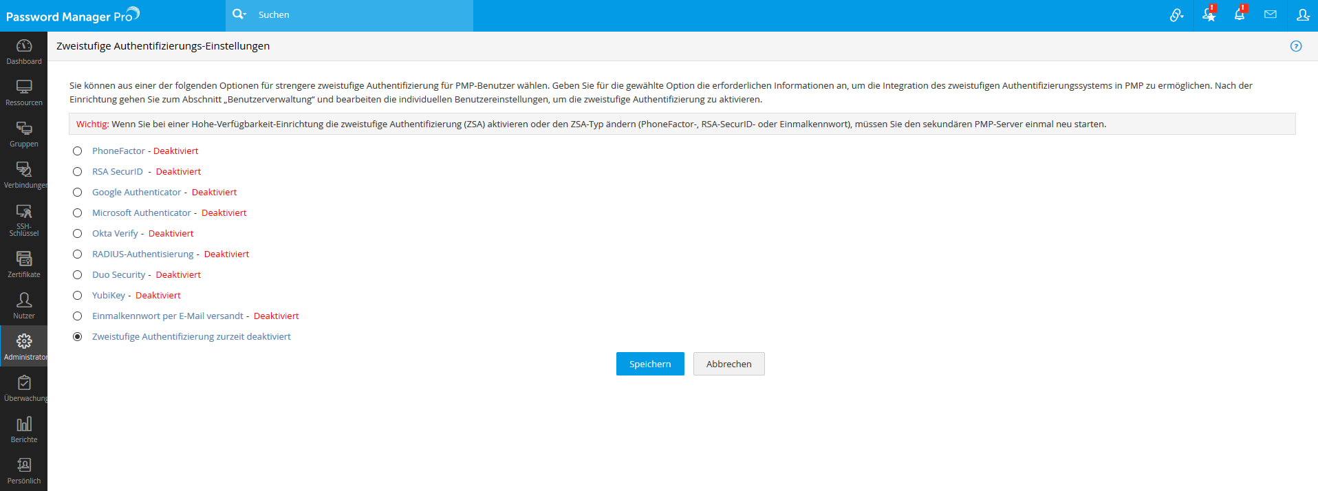 Screenshot Password Manager Pro: Authentifizierungsverfahren