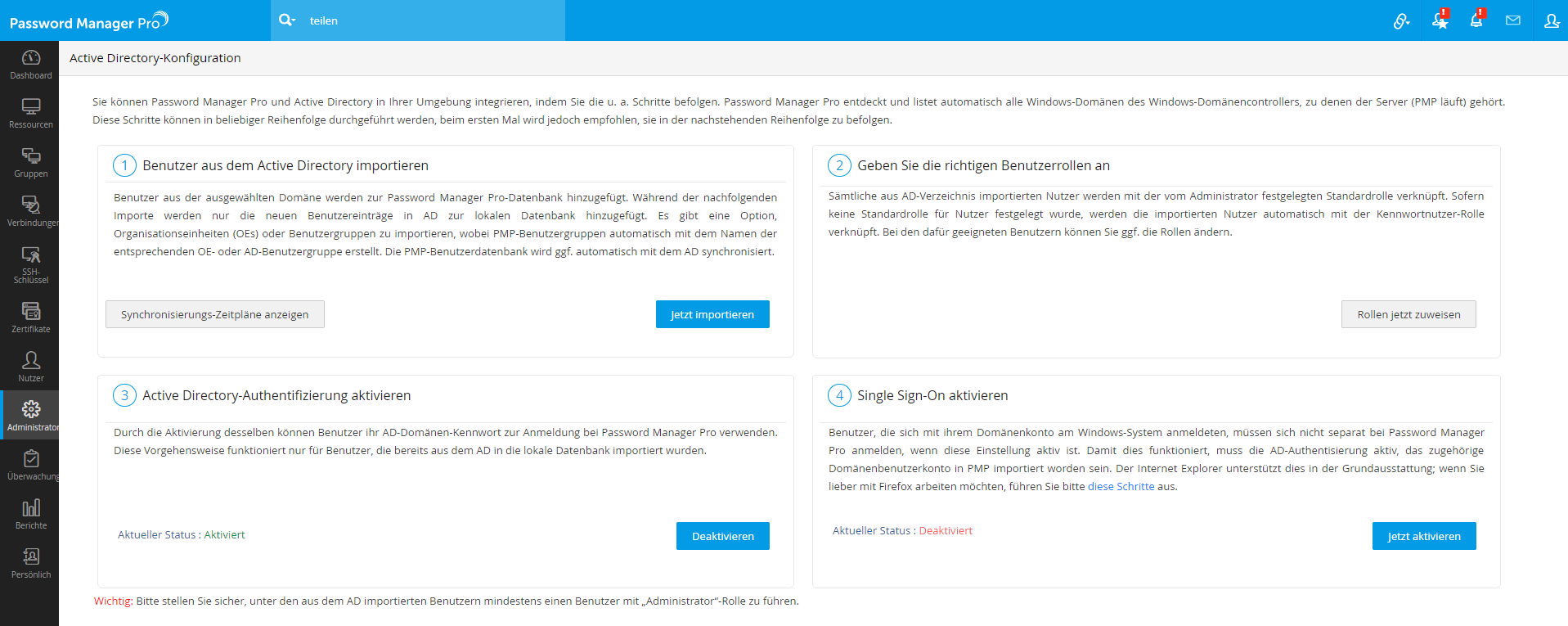 Screenshot Password Manager Pro: AD- oder LDAP-Import von Usern oder User-Gruppen