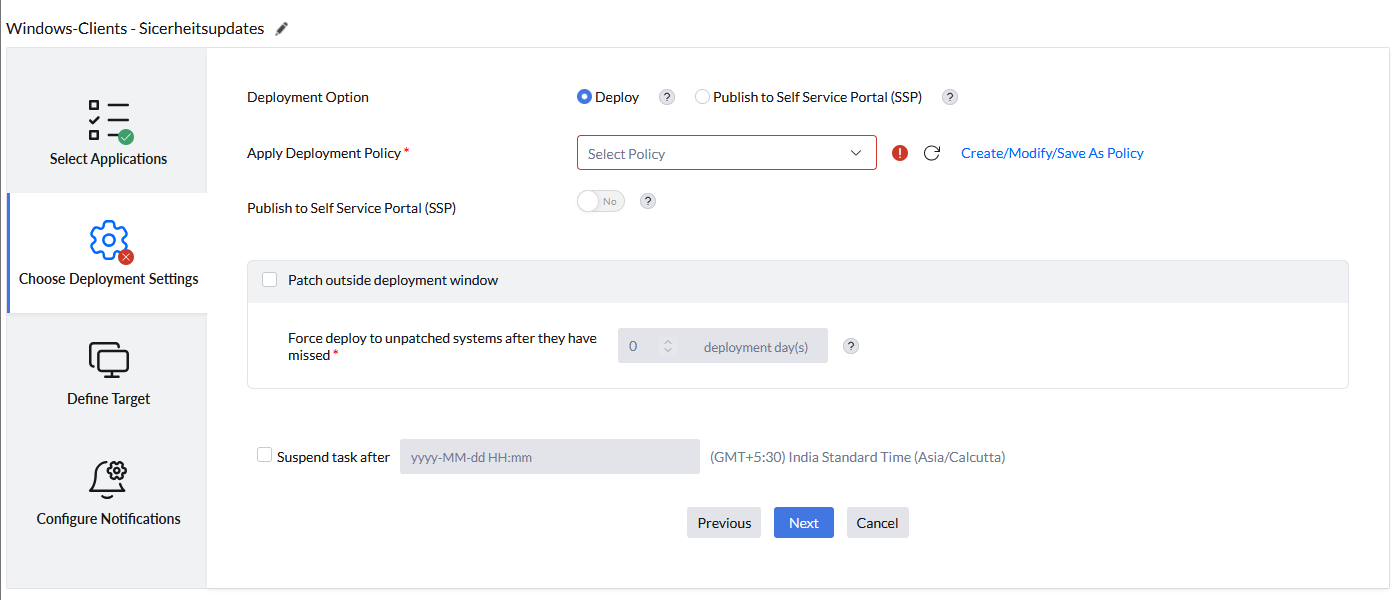 Screenshot Patch Manager Plus: Deployment-Einstellungen für automatisierte Patch-Aufgaben festlegen