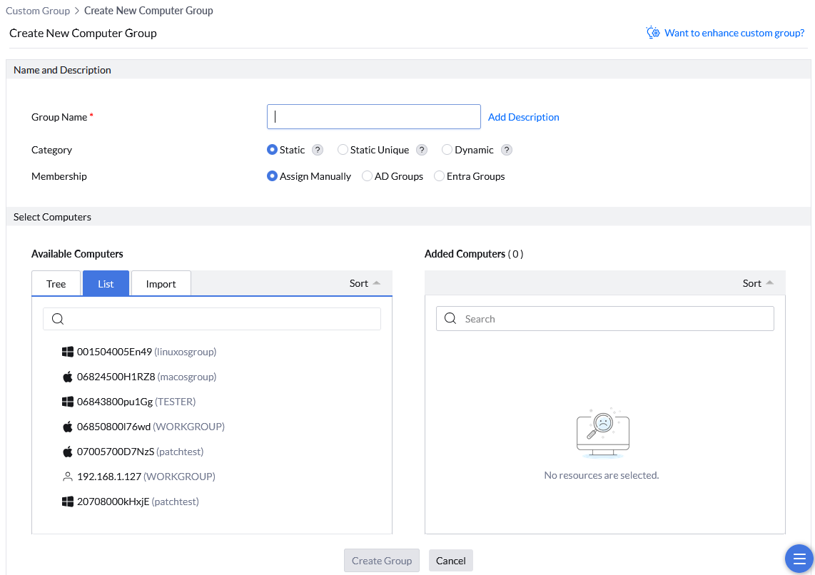 Screenshot Patch Manager Plus: Testgruppe für das Patch-Deployment definieren