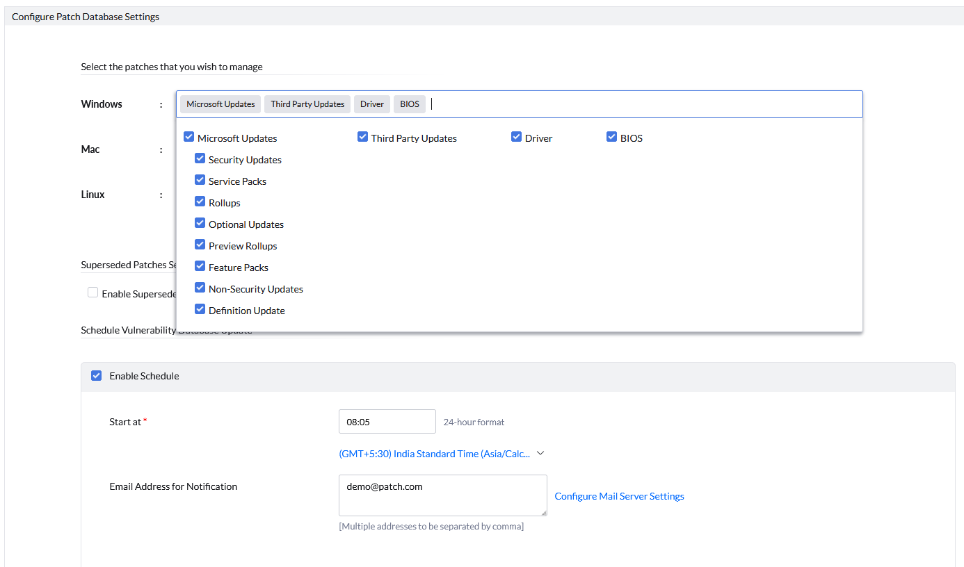 Screenshot Patch Manager Plus: Patch-Datenbank-Einstellungen
