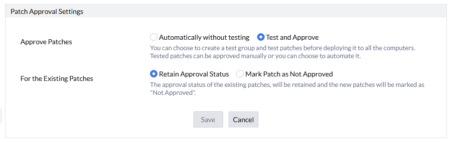 Screenshot Patch Manager Plus: Patch-Freigabemodus auf „Test and Approve“ umstellen