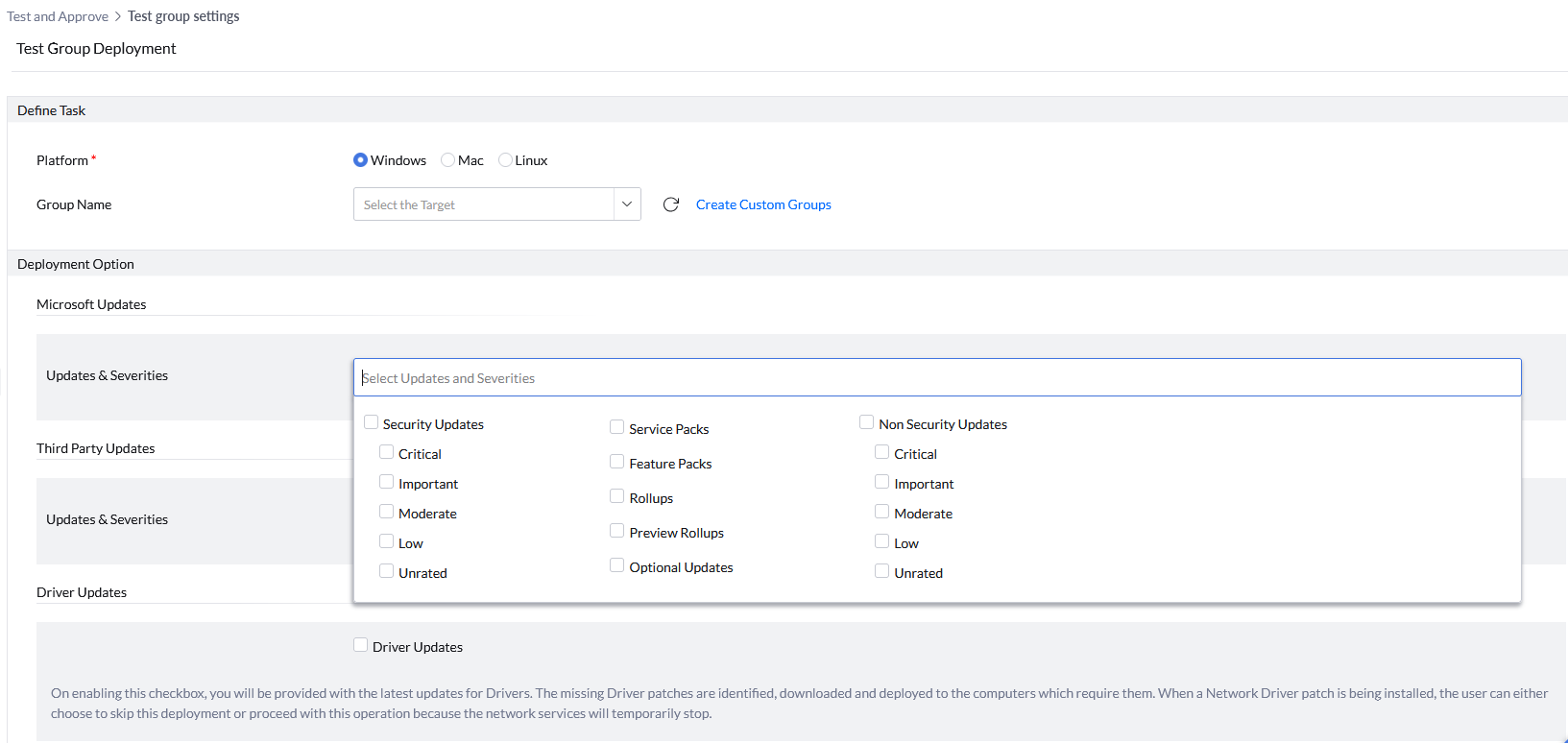 Screenshot Patch Manager Plus: Auswahl der Microsoft-Updates für Testgruppe 