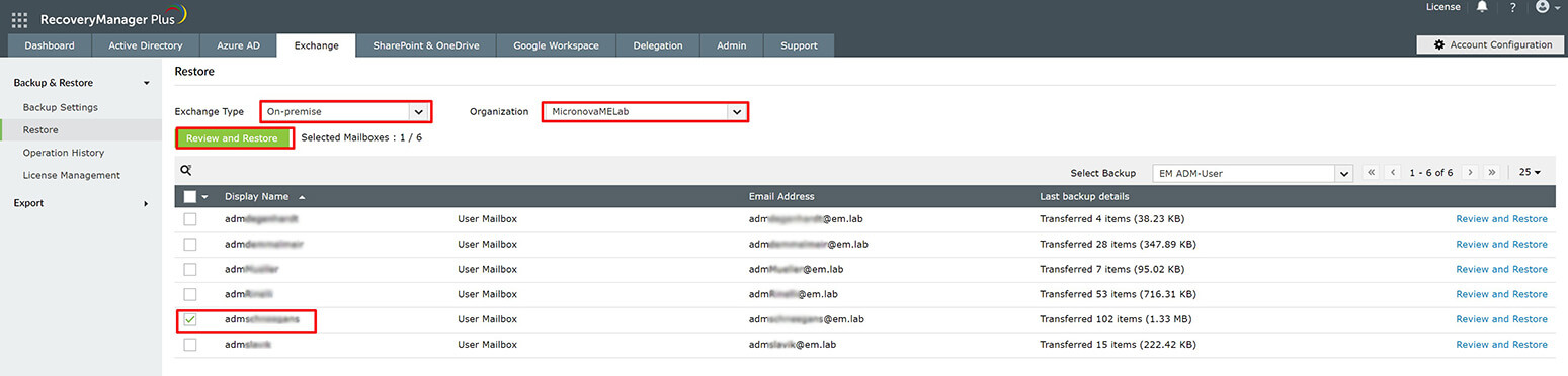 Screenshot Recovery Manager Plus: Exchange-Backup auswählen Screenshot Recovery Manager Plus: Exchange-Backup auswählen