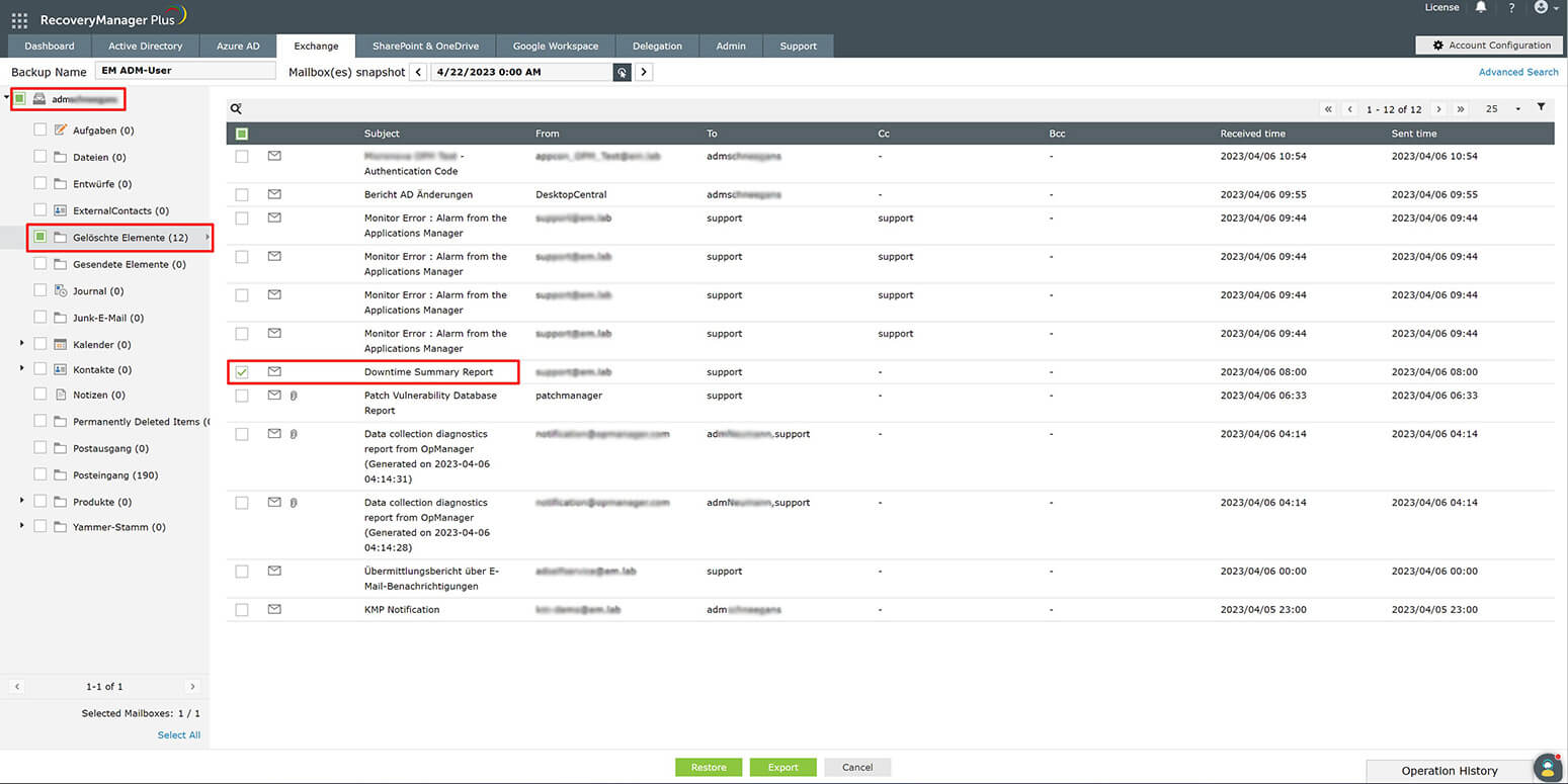 Screenshot Recovery Manager Plus: Element zur Wiederherstellung auswählen