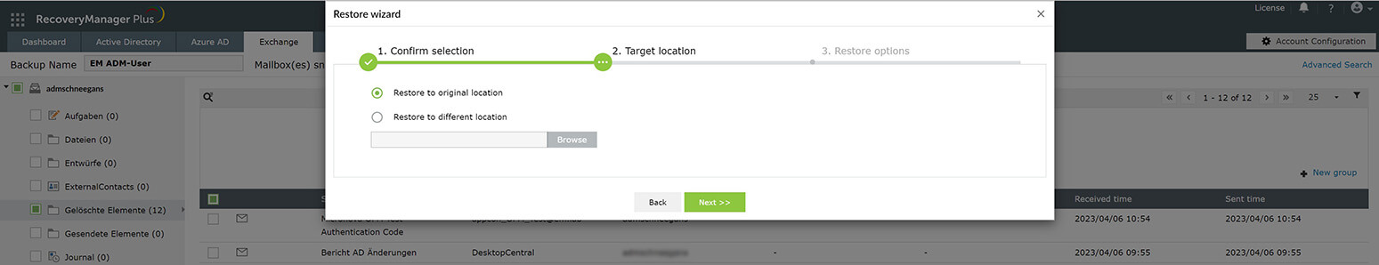 Screenshot Recovery Manager Plus: Restore Wizard Schritt 2 Screenshot Recovery Manager Plus: Restore Wizard Schritt 2