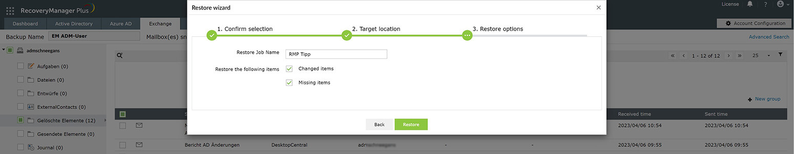 Screenshot Recovery Manager Plus: Restore Wizard Schritt 3