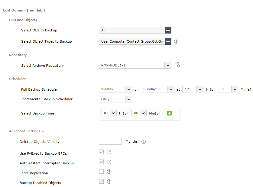 Screenshot RecoveryManager Plus: AD-Backup-Einstellungen anpassen
