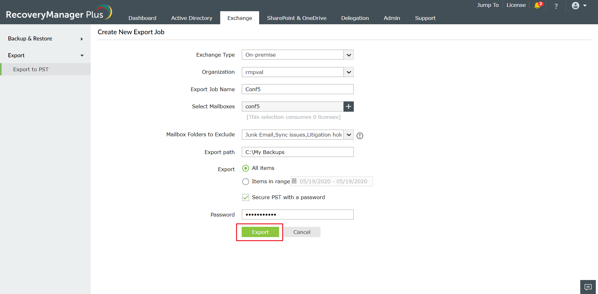 Screenshot Recovery Manager Plus: Einstellungen beim Exchange-Mailbox-Export Screenshot Recovery Manager Plus: Einstellungen beim Exchange-Mailbox-Export