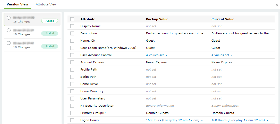 Screenshot RecoveryManager Plus: Version View aller verfügbaren Backups