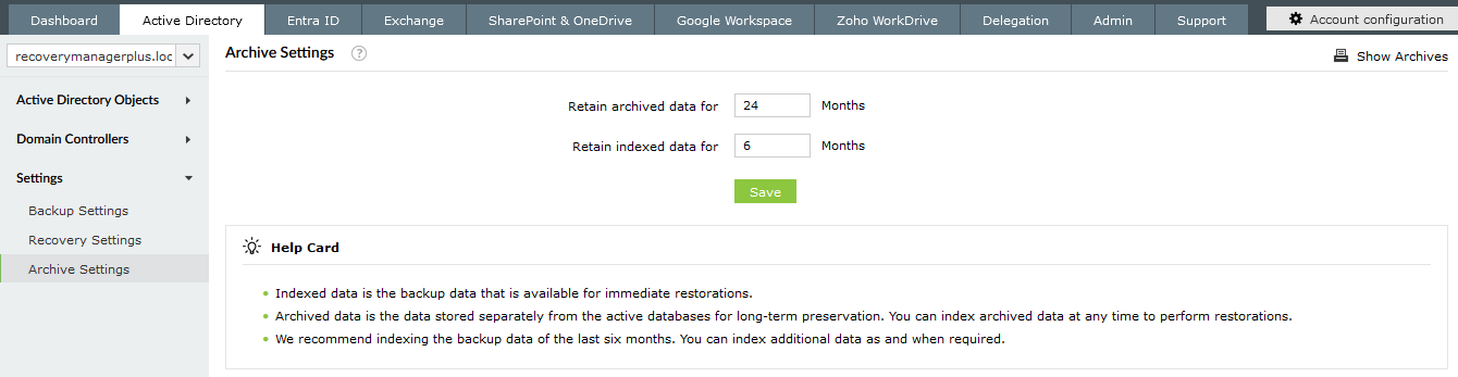Screenshot RecoveryManager Plus: Aufbewahrungsfristen für Backups festlegen