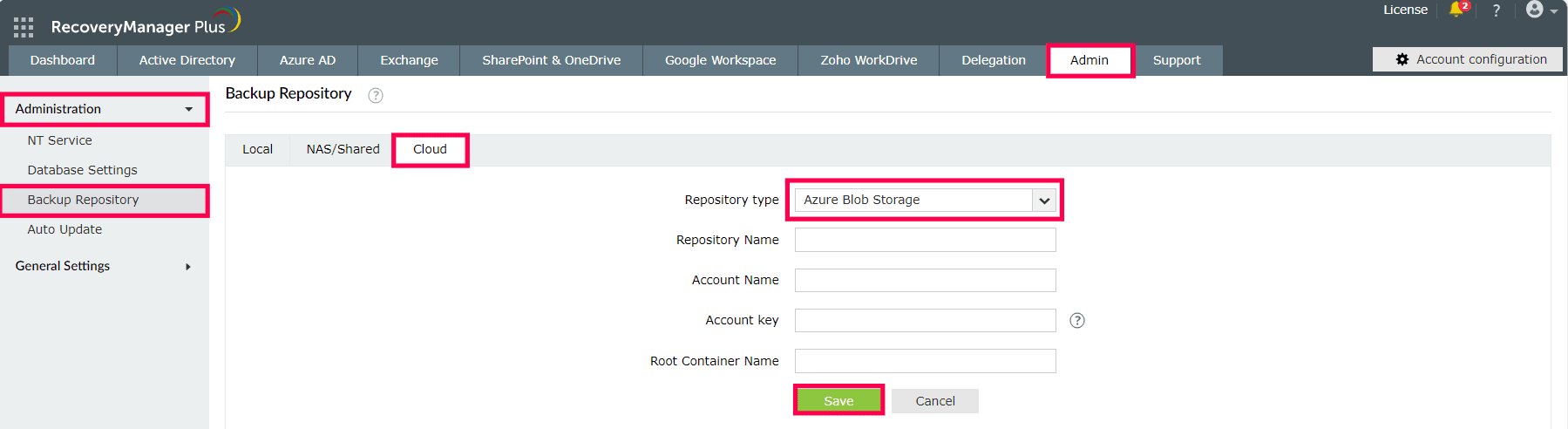 Screenshot RecoveryManager Plus: Cloud-Backup-Repostory konfigurieren