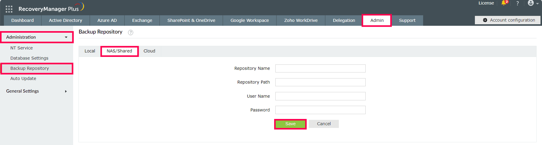 Screenshot RecoveryManager Plus: NAS oder Shared Backup-Repostory konfigurieren