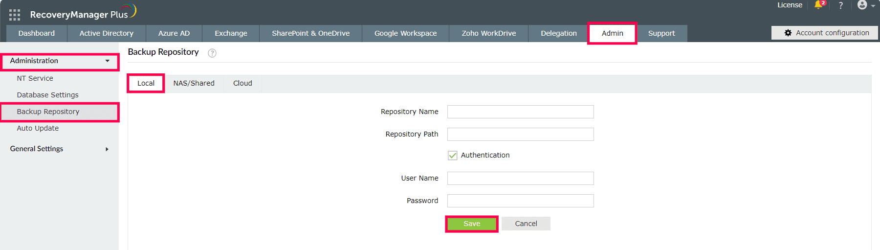 Screenshot RecoveryManager Plus: lokales Backup-Repostory konfigurieren
