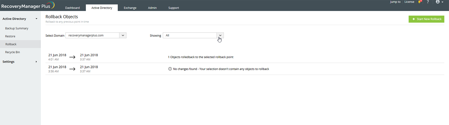 Screenshot RecoveryManager Plus: Active-Directory-Rollback