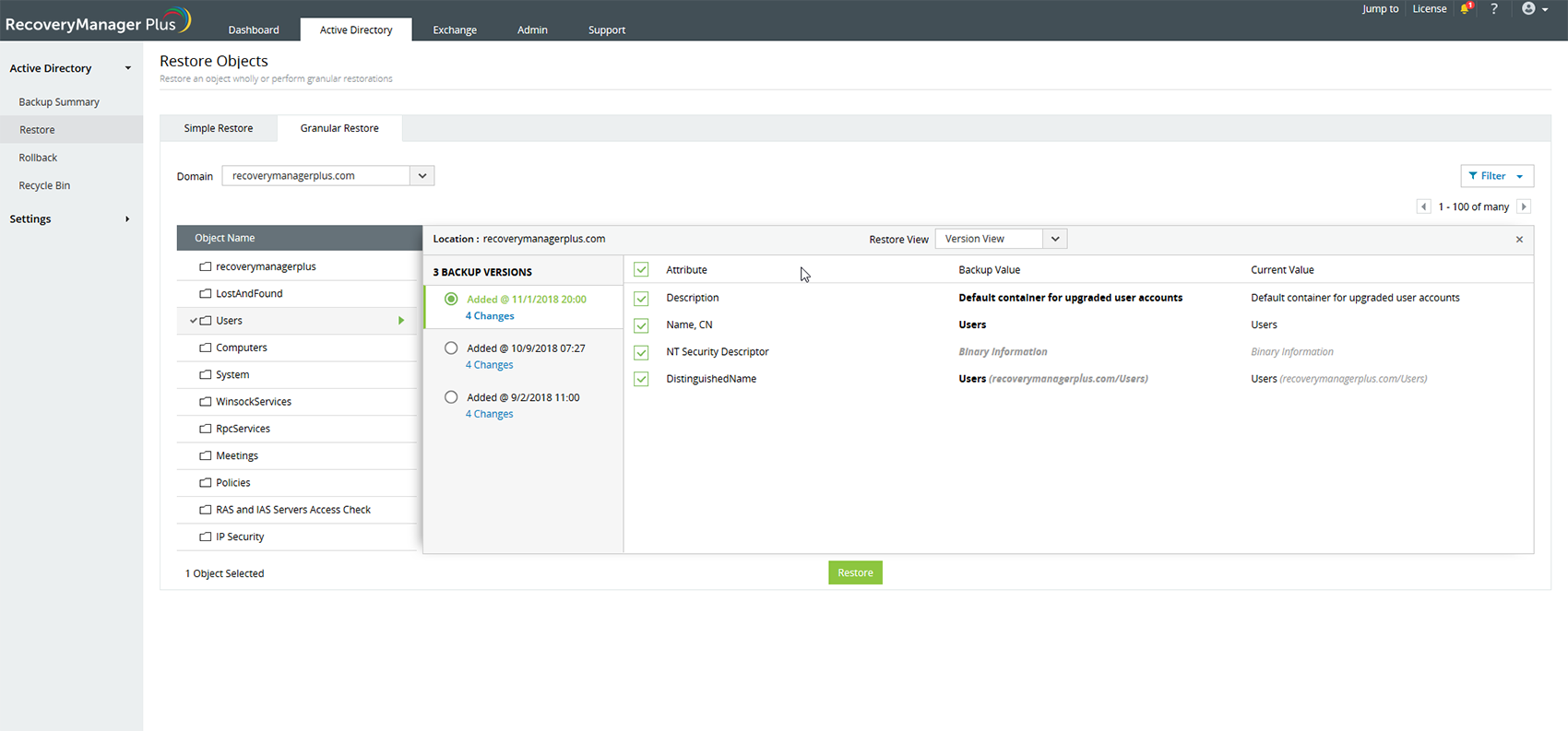 Screenshot RecoveryManager Plus: Granulare Auswahl von Attributen
