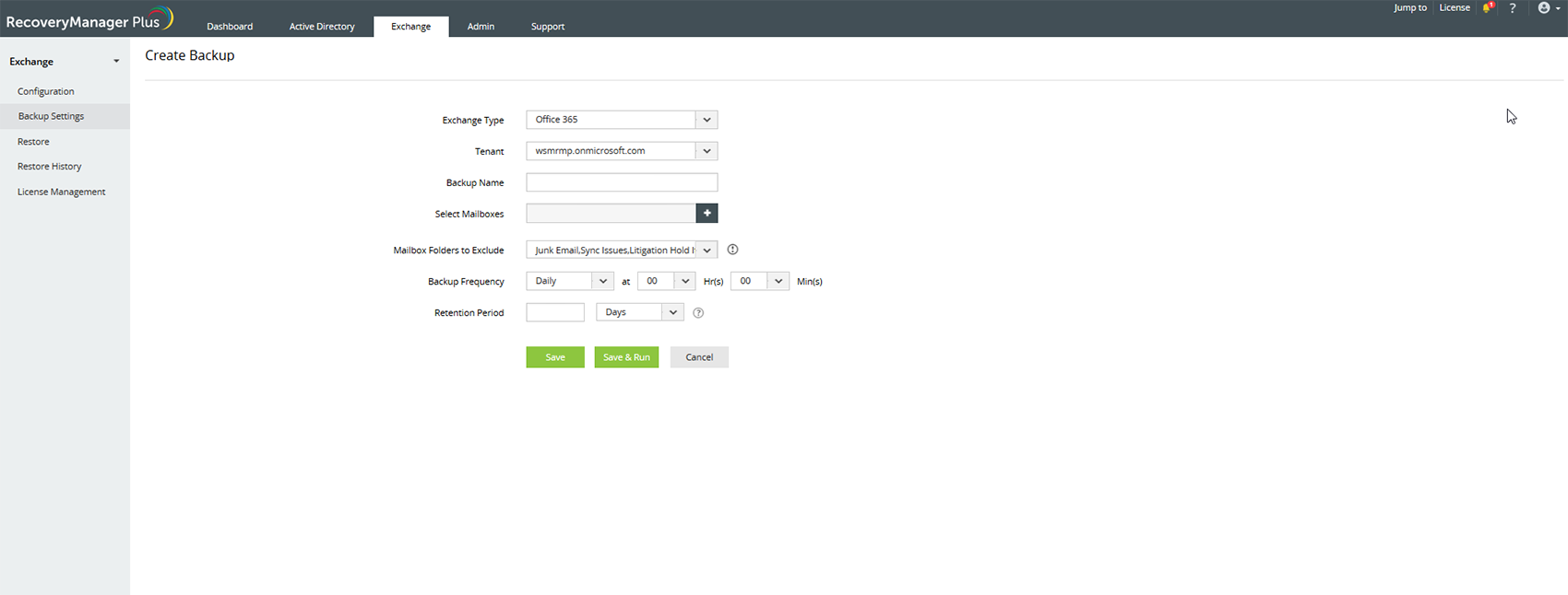 Screenshot RecoveryManager Plus: Backup für Exchange Online konfigurieren
