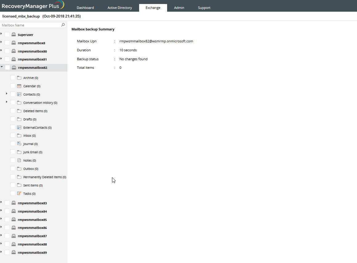 Screenshot RecoveryManager Plus: Backup-Details Exchange